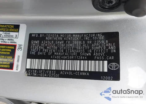 2009 Toyota Camry Le from USA, damaged, VIN 4T4BE46K59R112844